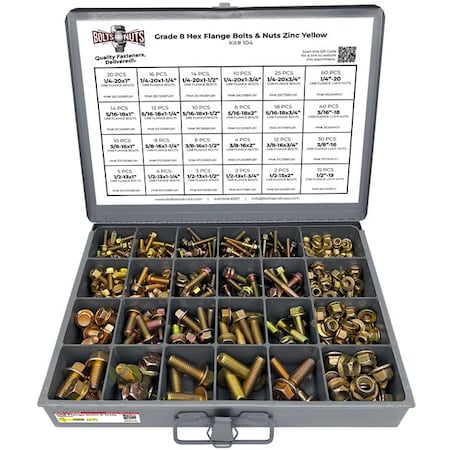 Boltsandnuts.Com Inch Grade 8 Hex Flange Frame Bolts & Lock Nuts Yellow Assortment - 352PCS Assortment Kit #104